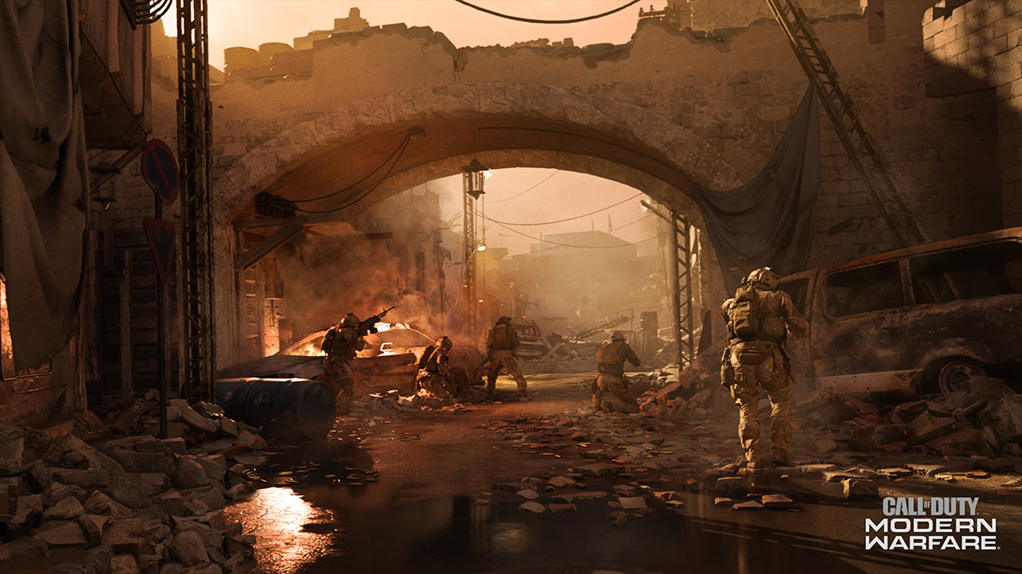 Call of Duty Modern Warfare screenshot showing soldiers in a ruined desert city street